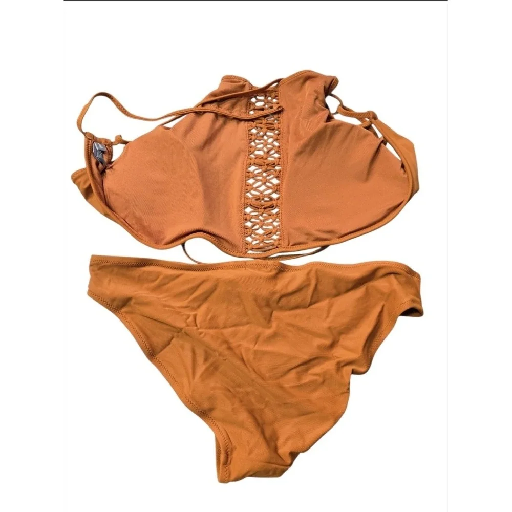 Aerie Bikini Set XL High Neck Macrame Crochet Top M Hipster Bottom Burnt Orange